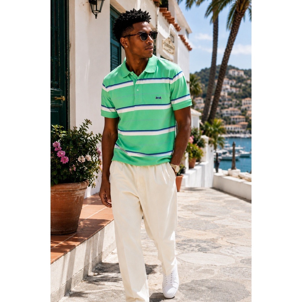 VTG Le Tigre Polo Shirt NWT Mint Green Striped Cotton Polo Men's L Made N Taiwan
